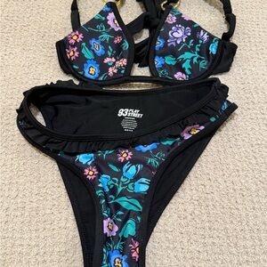 Play Street Black Floral Underwire Bikini Set — Black with Blue & Purple Print